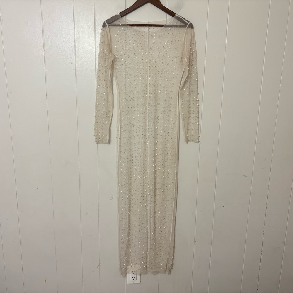 Pearl Rhinestone Sheer Mesh Maxi Cover Up Dress Champagne Nude Beach Resort Glam